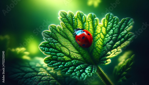 A close-up of a ladybug crawling on a green leaf.