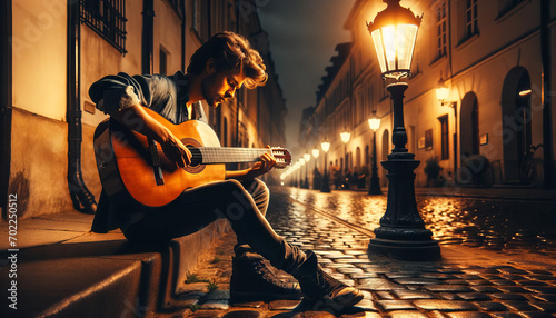 A guitarist strumming a classic guitar under the glow of a vintage streetlamp at night.