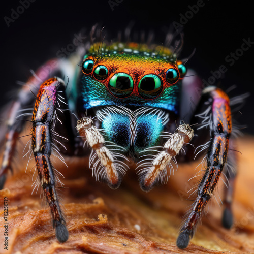Extreme macro close up of the beautiful blue and green spider with orange legs