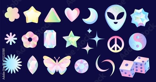 Y2K inspired vector holographic set. Abstract neon shapes, stars, gems, crystals with futuristic glow. Stickers for creating trendy designs, backgrounds, or posters.