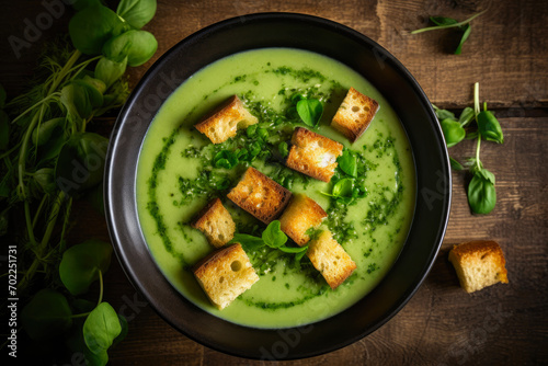Gourmet Greens: Overhead Shot of Luscious Vegetable Soup and Crunchy Croutons