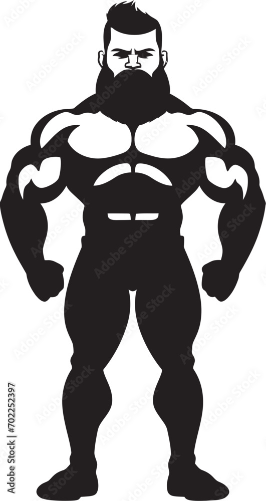 Mighty Muscle Fusion Vector Black Logo Icon of Caricature Bodybuilder Comic Power Pose Caricature Bodybuilder in Black Logo Icon