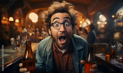 Surprised man with disheveled hair and open mouth wearing glasses holding 2 bottles generated AI