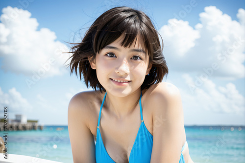 青空をバックに健康的に微笑む青いビキニ姿の若い日本人女性
