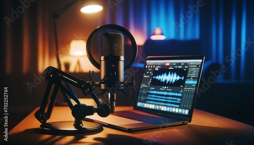 Podcast Microphone Setup with Laptop on Desk for Audio Recording and Content Creation