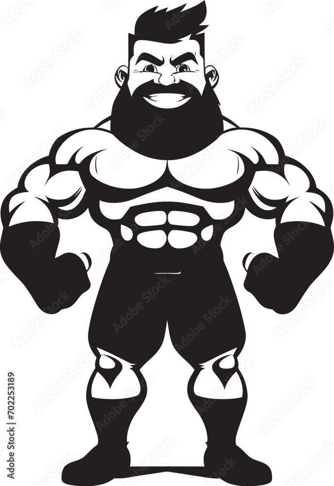 Gym Heroic Emblem Cartoon Caricature Bodybuilder in Black Vector Mighty Muscle Fusion Vector Black Logo Icon of Caricature Bodybuilder