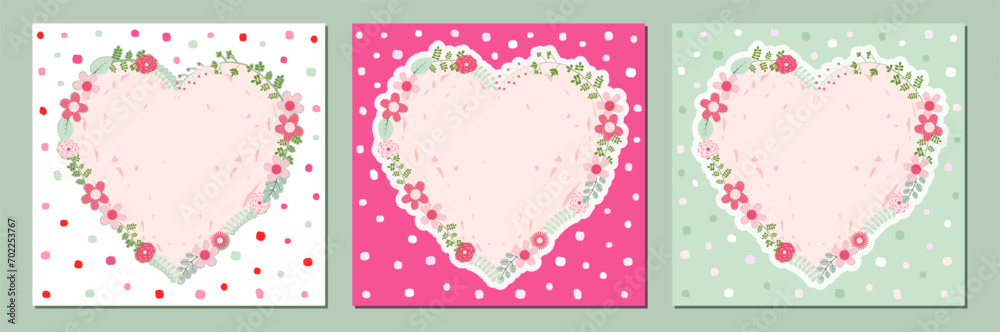 Cute vector set with floral frame cards with hearts and flowers in pink and mint green colors for wedding invitations, greeting cards