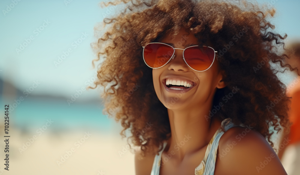 Smiling woman with sunglasses on on the beach with people in the background. Generative AI