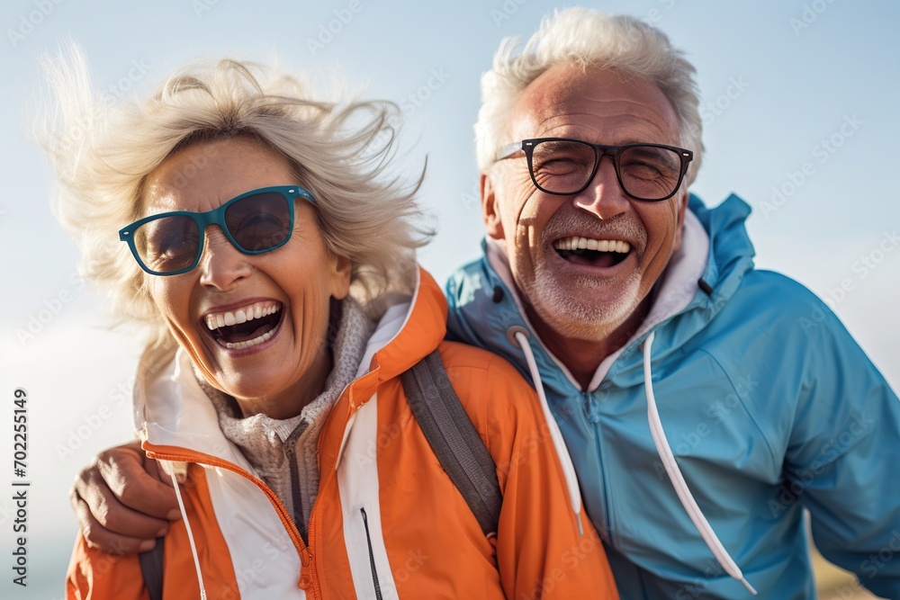 A senior couple shares a hearty laugh while enjoying a leisurely walk on the beach at sunset, exuding happiness and vitality