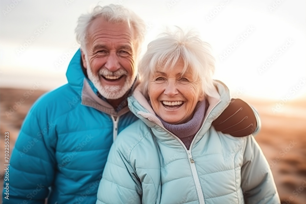 A senior couple shares a hearty laugh while enjoying a leisurely walk on the beach at sunset, exuding happiness and vitality A senior couple shares a hearty laugh while enjoying a leisurely walk on the beach at sunset, exuding happiness and vitality