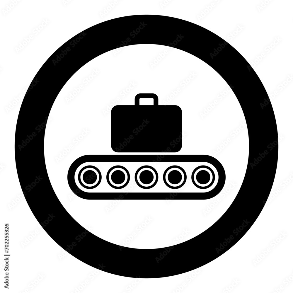 Conveyor belt airport tape baggage passengers luggage suitcase production line automated manufacturing icon in circle round black color vector illustration image solid outline style Conveyor belt airport tape baggage passengers luggage suitcase production line automated manufacturing icon in circle round black color vector illustration image solid outline style