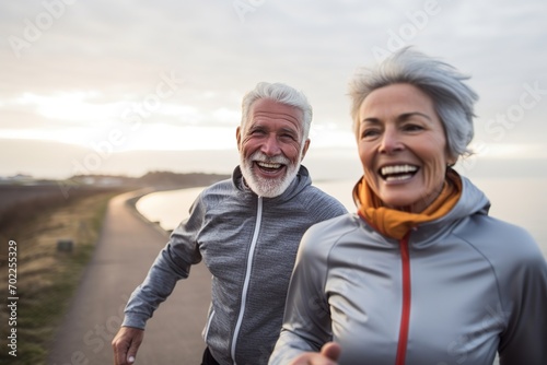 A senior couple shares a hearty laugh while enjoying a leisurely walk on the beach at sunset, exuding happiness and vitality