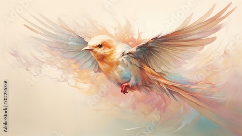 A charming songbird with soft, pastel-colored feathers, captured mid-flight, its wings spread wide in a moment of freedom and elegance. © baloch