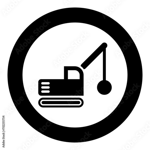 Sloopkraan building machine demolish wrecking ball crane truck icon in circle round black color vector illustration image solid outline style