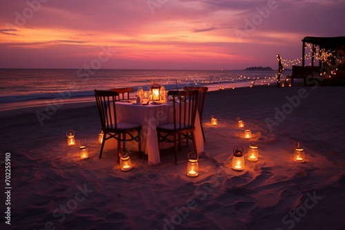 Beachside serenity romantic dinner setup with sea, sunset, and candles