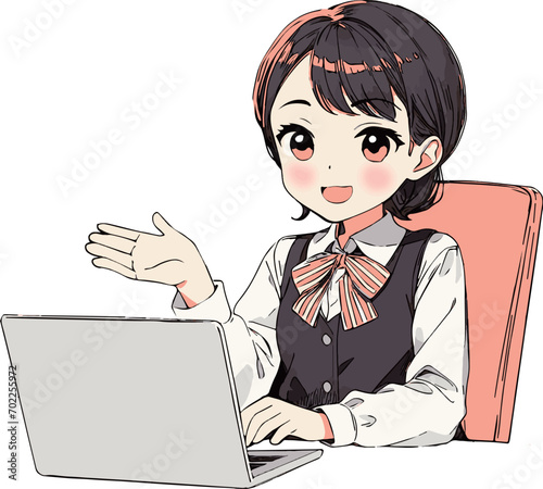 パソコンをしながら案内する女性