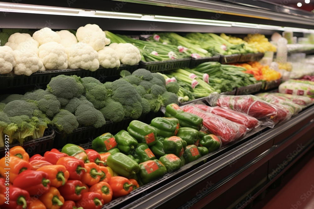 Market bounty assorted fresh vegetables displayed for sale in supermarket