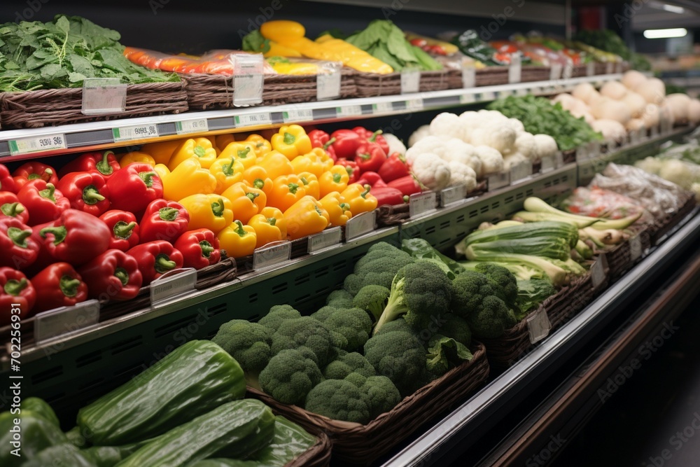 Produce diversity assorted vegetables on display for sale in supermarket
