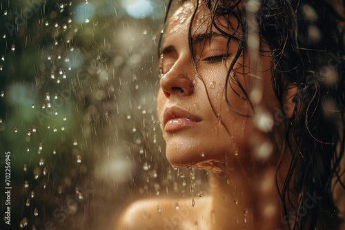 Beautiful woman posing under the shower photo