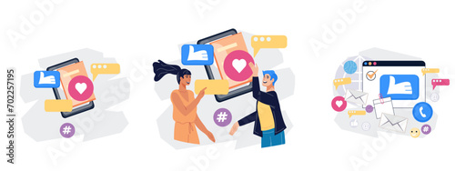 Online SMS messaging, social media marketing SMM, and chat platform tools for business, banners set flat vector illustration isolated on white. Business strategies for online marketing campaigns.