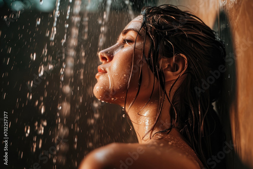 Beautiful woman posing under the shower