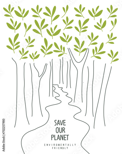 Environmentally friendly concept. Tree crowns with green leaves and hand drawn cartoon sketch of tree trunks. Save environment rescue the forests. Plant the tree. Stop deforestation.