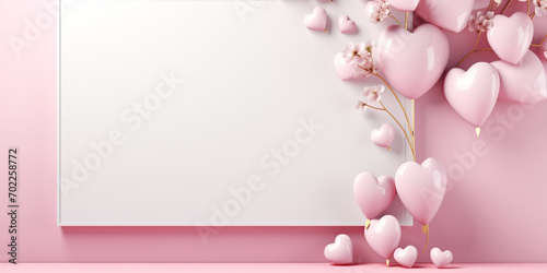 Blank frame decorated with hearts on the pink background. Concept for marketing banner  wedding greeting card  social media  Valentines Day  Birthday  Women s Day  Mother s day  beauty and fashion.
