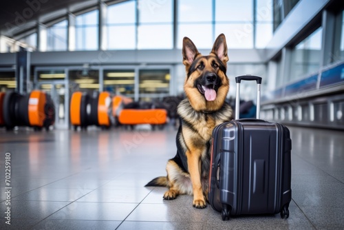 The dog is at the airport next to the luggage waiting for his flight. The pet moves to another city and country, traveling with his best friend. Cute german shepherd. Generative AI.
