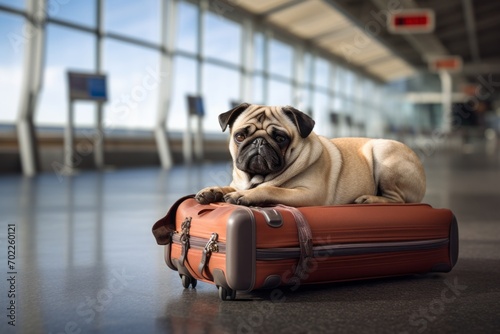 The dog is at the airport next to the luggage waiting for his flight. The pet moves to another city and country, traveling with his best friend. Cute pug puppy. Generative AI. photo