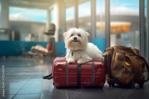 The dog is at the airport next to the luggage waiting for his flight. The pet moves to another city and country, traveling with best friend. A cute Maltese lapdog puppy. Generative AI. photo