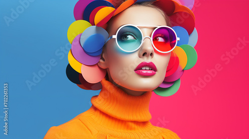 Colorful banner with beautiful woman in sunglasses with paper cut decoration on her head on multicolored background.