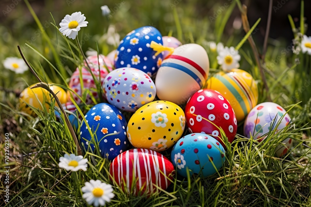 Festive display of Easter eggs in bright colors, featuring playful patterns such as polka dots and stripes, perfect for the holiday celebration Festive display of Easter eggs in bright colors, featuring playful patterns such as polka dots and stripes, perfect for the holiday celebration