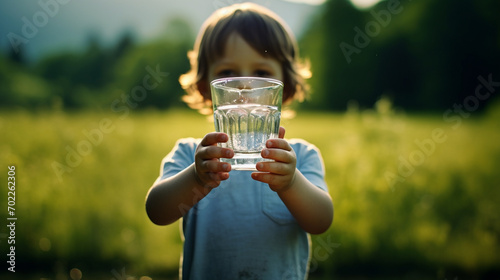 Cute little boy with a glass of water on nature.