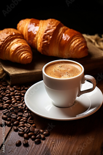 White cup of delicious coffee, coffee beans and croissant on a wooden background
