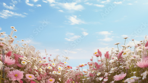 tons of flowers on scenery with a blue sky background, for wedding banner or invitation, wallpaper image, with blank space for copy at center top