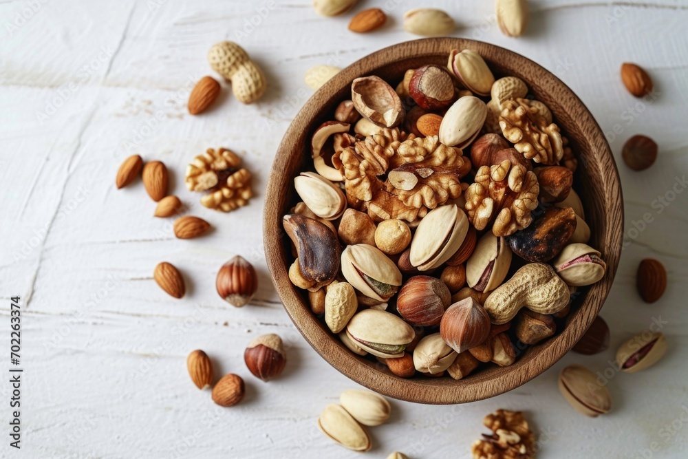 Wooden bowl with mixed nuts on white table. Healthy food and snack.