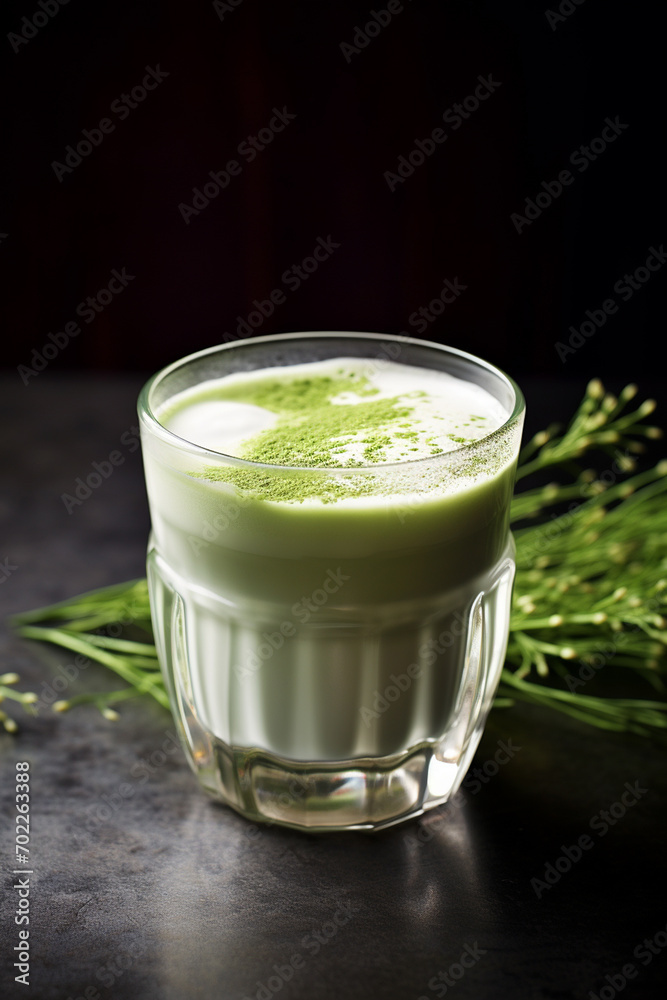 glass of delicious matcha latte on the table. selective focus glass of delicious matcha latte on the table. selective focus