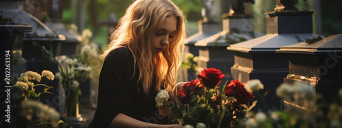 woman with flowers in the cemetery near the grave.Funeral attribute.