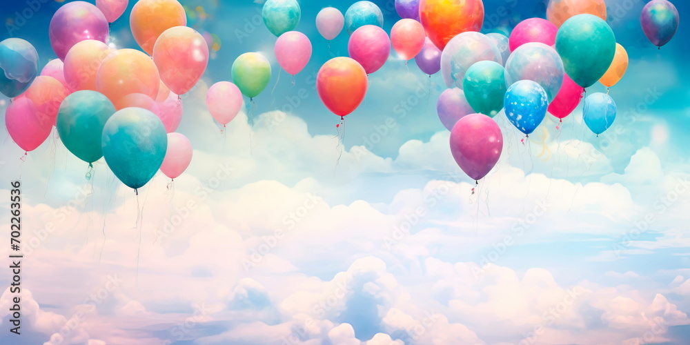 whimsical watercolor background sky filled with colorful balloons, conveying a sense of adventure.