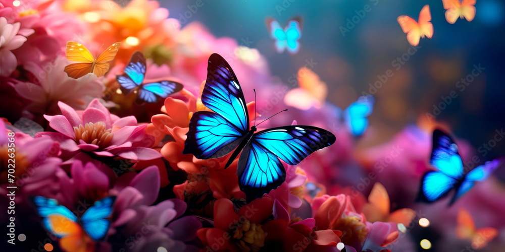 background filled with fluttering butterflies amidst blossoming flowers, representing the beauty of spring in motion.