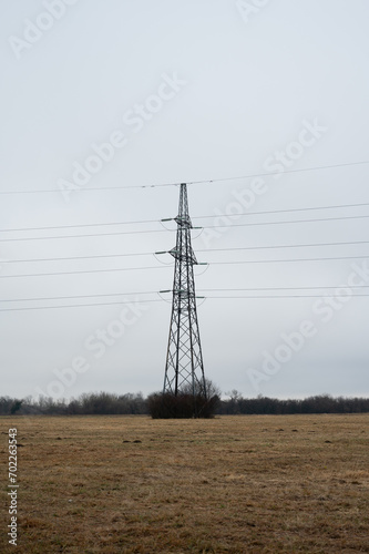 High-voltage direct current transmission. High voltage structures in the open field. Electric power line