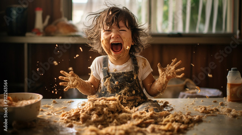 a happy child makes a mess at mealtime. The concept of self-feeding. photo