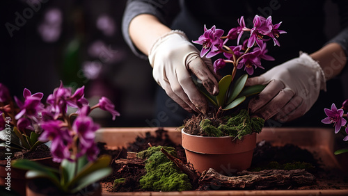Transplant orchids. Female hands in gloves close-up. Home gardening, breeding of orchids.