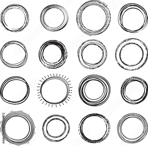 Handdrawn doodle grunge circle highlights. Charcoal pen round ovals. Marker scratch scribble inrounder. Round scrawl frames. Vector illustration of freehand painted circular