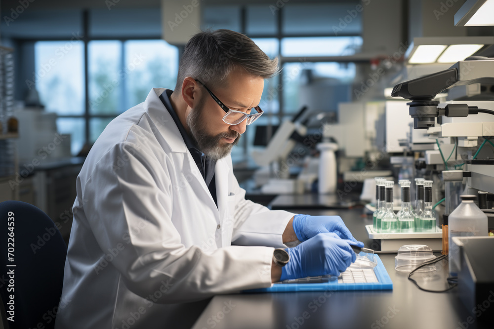 A male scientist enters research data obtained in the laboratory into a computer. A male scientist enters research data obtained in the laboratory into a computer.