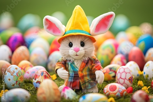 Animated and joyful Easter Bunny with big expressive eyes, giving a thumbs-up beside a delightful pile of chocolate eggs and assorted candies