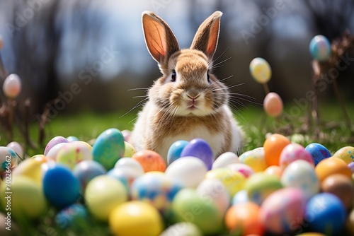 Animated and joyful Easter Bunny with big expressive eyes, giving a thumbs-up beside a delightful pile of chocolate eggs and assorted candies