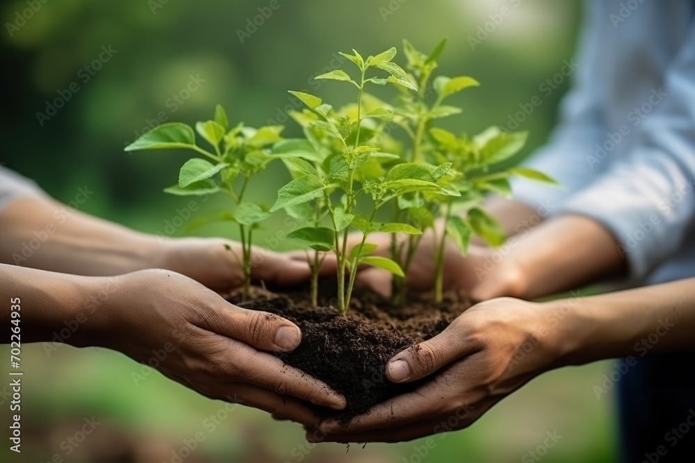 Close-up of hands nurturing and planting a young tree in fertile soil, with the morning sun shining brightly. Close-up of hands nurturing and planting a young tree in fertile soil, with the morning sun shining brightly.