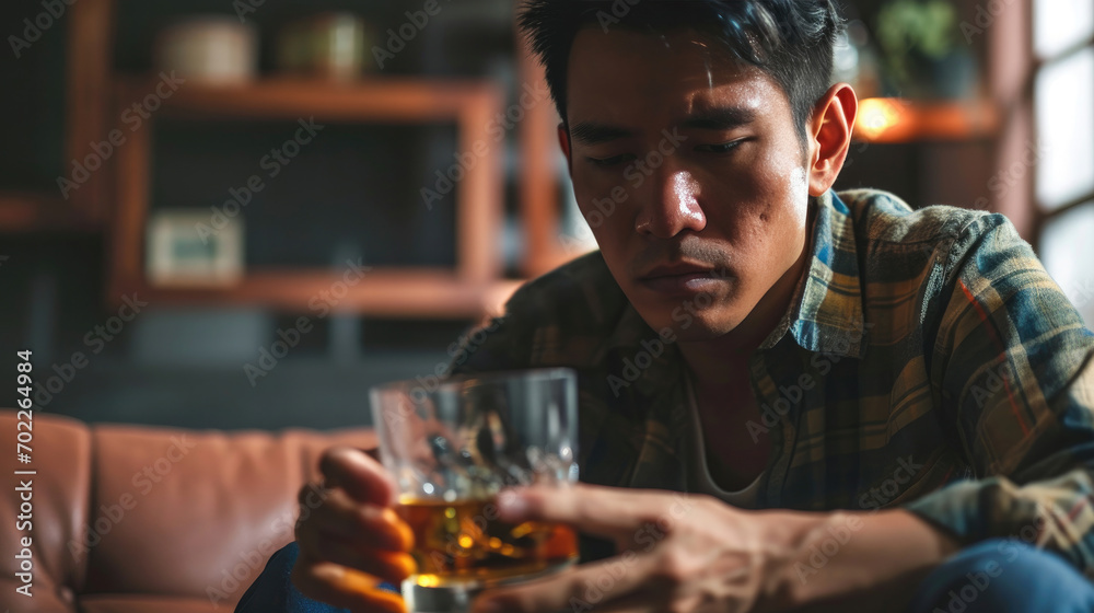 Health care alcoholism drunk, fatigue asian young man hand holding glass of whiskey, alone depressed male drink booze on sofa at home. Treatment of alcohol addiction, suffer abuse problem alcoholism. - obrazy, fototapety, plakaty 