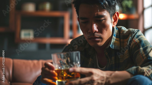 Health care alcoholism drunk, fatigue asian young man hand holding glass of whiskey, alone depressed male drink booze on sofa at home. Treatment of alcohol addiction, suffer abuse problem alcoholism. photo